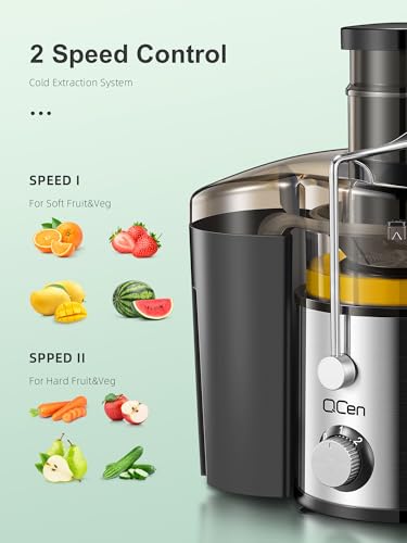 QCen Juicer Machine, 800W Centrifugal Juicer Extractor with Extra Wide Mouth Feed Chute for Fruits & Vegetables, Easy to Clean, Stainless Steel, BPA-Free
