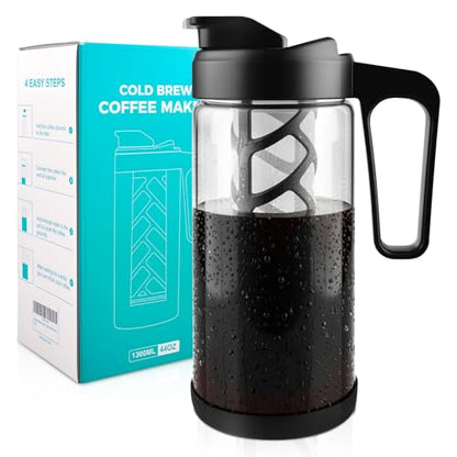 wedrink 44oz Cold Brew Coffee Maker, 1.3L Borosilicate Glass Cold Brew Pitcher with Comfortable Handle, Removable Filter & Anti-Slip Silicone Bottom