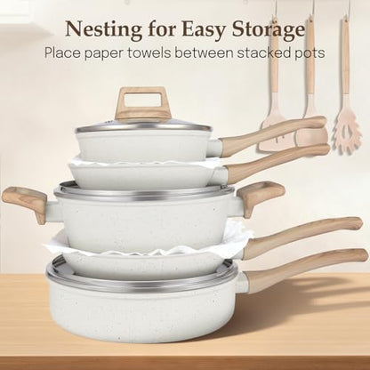 M MELENTA Pots and Pans Set Non Stick, Non-Toxic Ceramic Cookware Set, 11pcs Induction Cookware, Kitchen Cooking Set with Frying Pans, Saucepan, Stock Pot, PFOA Free & PFOS Free, Cream Color