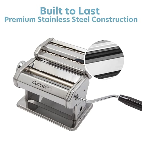 Pasta Maker Deluxe Set- Stainless Steel Machine w 3 Interchangeable Attachments- Make 5 Different Pastas- Spaghetti Fettuccini Angel Hair Ravioli Lasagnette- Durable Cutters for Adjustable Thicknesses