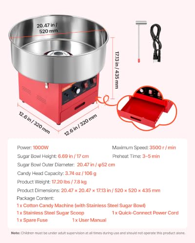 VEVOR Commercial Cotton Candy Machine, 1000W Electric Candy Floss Maker