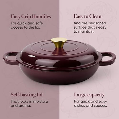 3 Quart Enameled Cast Iron Braiser, Non Stick Enameled Cast Iron Skillet with Lid, Dutch Oven Skillet with lid up to 500°F for Oven, Stove, Grill, Shallow Dutch Oven for Cook, Bake (Fig)