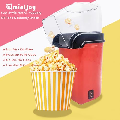 Mminijoy Hot Air Popcorn Maker Popcorn Machine Popcorn Popper, Small Oil-Free Electric Air Popper with Measuring Scoop, 3-Min Fast Popping for Home Movie Nights & Snacks