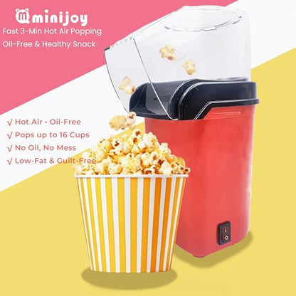 Mminijoy Hot Air Popcorn Maker Popcorn Machine Popcorn Popper, Small Oil-Free Electric Air Popper with Measuring Scoop, 3-Min Fast Popping for Home Movie Nights & Snacks