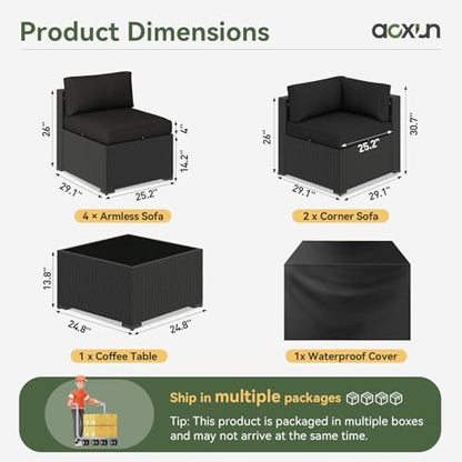 Aoxun 7 Piece Patio Furniture Set, Wicker Rattan Patio Sectional Sofa, Outdoor Furniture Set with Thickened Cushion, Black