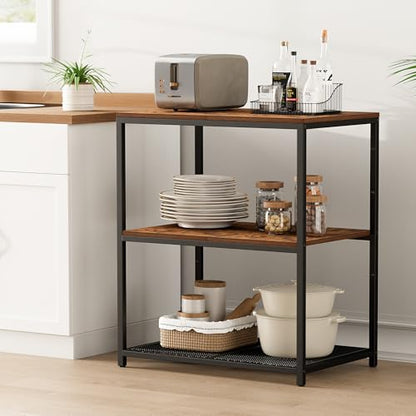 Homleke Kitchen Island with 3 Shelves, Kitchen Shelf with Large Workstation, Bakers Rack, Workbench, Metal Frame, Rustic Brown and Black