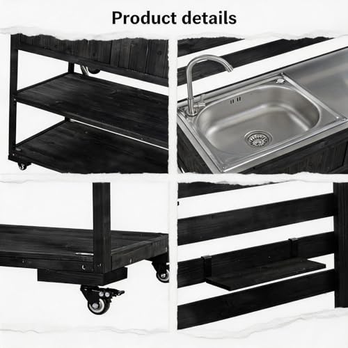 SKJDCSDLLSN Mobile Outdoor Grill Cart with Integrated Sink and Faucet, Portable Solid Wood Kitchen Island on Wheels with 2-Tier Shelving, Backyard BBQ Prep Table & Potting Bench for Garden