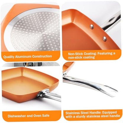 CNAFGBGG Square Frying Pan 9.5'' Square Skillet Non Stick Induction Frying Pan with Stainless Steel Handle Cooking Dishwasher and Oven Safe for Quickly Even Heating.