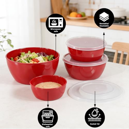 SCWBOEII 4-Piece Classic Plastic Bowls with Lids, – 8/16/24/32oz Nesting Plastic Small Mixing Bowl Set for Mixing, Baking, Prepping, Cooking and Serving Food, Microwave and Dishwasher Safe