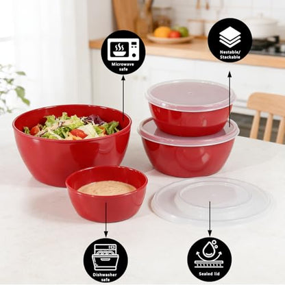 SCWBOEII 4-Piece Classic Plastic Bowls with Lids, – 8/16/24/32oz Nesting Plastic Small Mixing Bowl Set for Mixing, Baking, Prepping, Cooking and Serving Food, Microwave and Dishwasher Safe