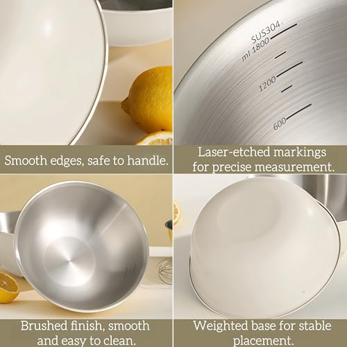 Eugelrom 4-Piece 304 Stainless Steel Mixing Bowls Set with Colander & Strainer – Off-White Coated Nesting Bowls, Food Grade Metal Bowl Set for Meal Prep, Kitchen Essentials (Lids Not Included)