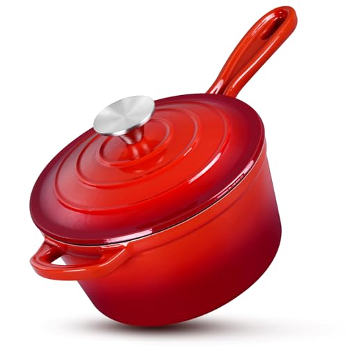 HaSteeL 2 QT Cast Iron Saucepan, Mini Enamel Dutch Oven with Lid, Small Non Stick Pan for Milk, Pasta Tomato Sauce, Butter, Breakfast, Soup, Suitable for Boiling Stewing Frying, Easy to Clean, Red