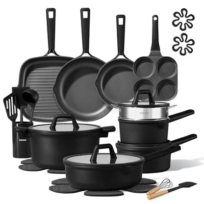 CAROTE 28PCS Pots and Pans Set, Nonstick Cookware Set Kitchen Non Stick Induction Titanium Cookware Non-toxic Granite Cooking set, PFOA Free, Black