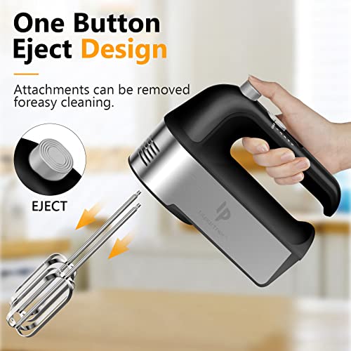 Hand Mixer Electric, 450W Kitchen Mixers with Scale Cup Storage Case, Turbo Boost/Self-Control Speed + 5 Speed + Eject Button + 5 Stainless Steel Accessories, For Easy Whipping Dough, Cream, Black
