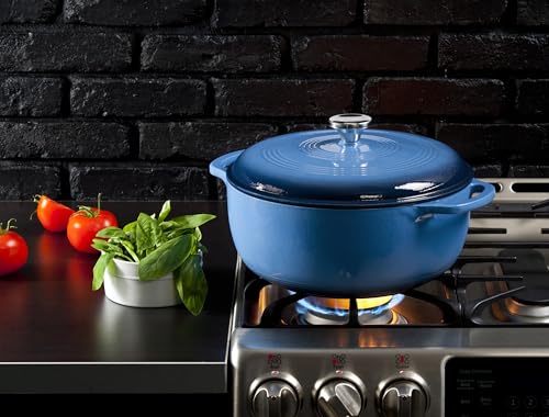 Lodge Essential Enamel Cast Iron Dutch Oven with Lid 7.5 Quart - Oven-Safe Enamel Cookware up to 500° F - Heat-Retaining Braising & Roasting Pot - Non-Toxic Cookware - Carribean Blue