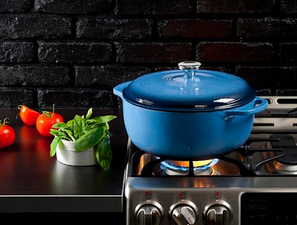 Lodge Essential Enamel Cast Iron Dutch Oven with Lid 7.5 Quart - Oven-Safe Enamel Cookware up to 500° F - Heat-Retaining Braising & Roasting Pot - Non-Toxic Cookware - Carribean Blue