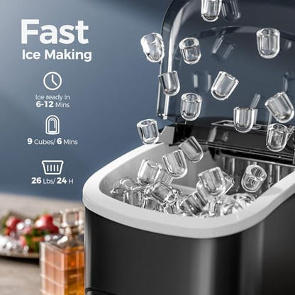 Electactic Ice Makers Countertop,26Lbs/24H,9 Cubes in 6 Mins,Portable Ice Maker Machine with Self-Cleaning,2 Sizes of Bullet Ice,Perfect for Home Kitchen(Black)