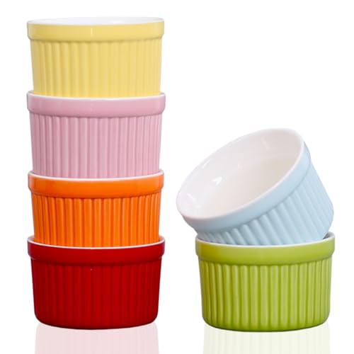 YAZYLIFE Ramekins 4oz,Creme Brulee Ramekins and Souffle Dishes,Porcelain Oven Safe Baking Bowls,Pudding Cups,Dipping bowl,Set of 6,Color