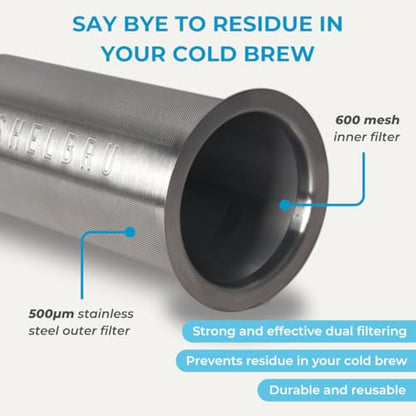 SHELBRU Cold Brew Coffee Maker Set (Brewer & Carafe), Up to 12 Servings of Concentrate, Reusable Stainless Steel Dual Filter, Durable Borosilicate Glass & Spill-Proof Pouring Spout, 16.9 fl oz / 500ml