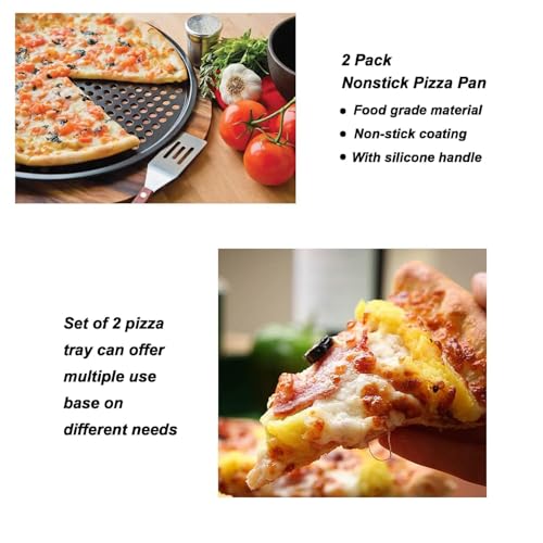 ZOEHROWS 13 Inch Pizza Pan for Oven (2 Pack) Round Pizza Pan with Holes - Non-Stick Carbon Steel Pizza Tray with Silicone Handles - for Cooking, Baking, and Grilling - Dishwasher Safe