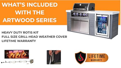 Mont Alpi Artwood Series - 78"W x 47"H x 27"D All Weather HDPE Outdoor Kitchen Island + Refrigerator & Double Access Doors + 44"W Black Stainless Steel 6-Burner Built-in BBQ Gas Grill + Rotisserie Kit
