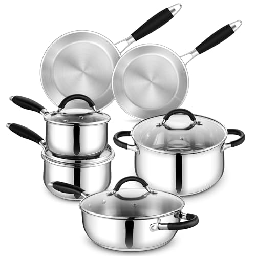 E-far 10-Piece Stainless Steel Cookware Set - Induction Tri-Ply Base Pots and Pans, Non-Toxic Kitchen Cooking Set w/Stay-Cool Handle, Frying Pans, Saucepans, Stockpot with lid, Oven & Dishwasher Safe