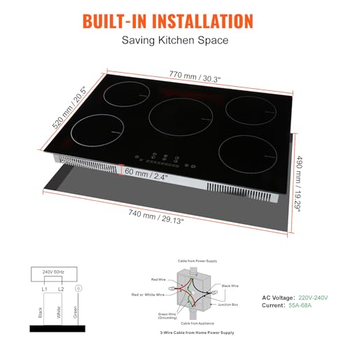 VEVOR Built-in Induction Electric Stove Top 30 Inch,5 Burners Electric Cooktop,9 Power Levels & Sensor Touch Control,Easy to Clean Ceramic Glass Surface,Child Safety Lock,240V