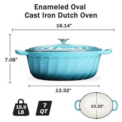 NSIRONS Enameled Dutch Oven Pot with Lid, 7 QT Cast Iron Dutch Oven with Dual Handles, Oval Dutch Oven for Cooking, Bread Baking, Frying, Non-stick Enamel Coated Oven (Blue-Green)
