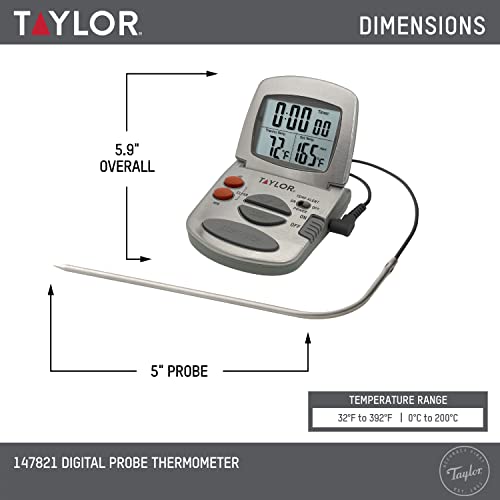 Taylor Programmable with Timer Instant Read Wired Probe Digital, Meat, Food, Grill BBQ Cooking Kitchen Thermometer, Stainless Steel