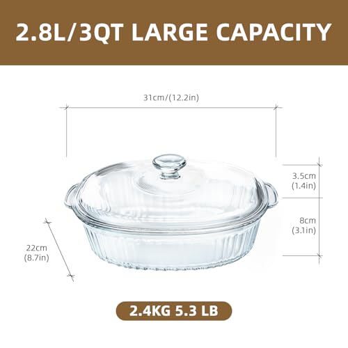 Luvan 2.8L/3Qt Glass Casserole Dish with Lid, Ribbed Oval Glass Baking Dish for Oven & Microwave, Clear Lead-Free Covered Casserole Cookware, Versatile Deep Glasses Food Container for Baking, Cooking