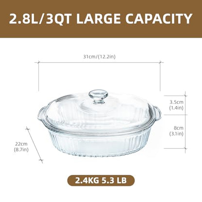 Luvan 2.8L/3Qt Glass Casserole Dish with Lid, Ribbed Oval Glass Baking Dish for Oven & Microwave, Clear Lead-Free Covered Casserole Cookware, Versatile Deep Glasses Food Container for Baking, Cooking