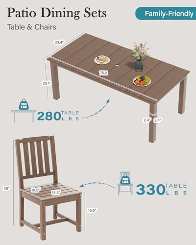 LOUNZY 9 Pieces Patio Dining Sets, Outdoor HDPE Furniture Set for 8 w/ 2" Hole Cut-Out Dining Table with 8 Patio Chairs(2 W/Armrest, 6 w/o Armrest), Brown