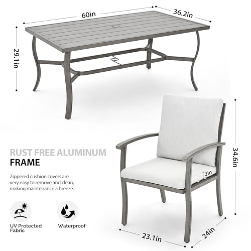 HAPPATIO 7 Piece Patio Dining Set, Aluminum Outdoor Dining Set for 6, Aluminum Dining Table and Chairs Set, Patio Furniture with Table, Chairs and Washable Cushions (Gray)