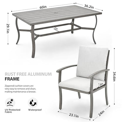 HAPPATIO 7 Piece Patio Dining Set, Aluminum Outdoor Dining Set for 6, Aluminum Dining Table and Chairs Set, Patio Furniture with Table, Chairs and Washable Cushions (Gray)