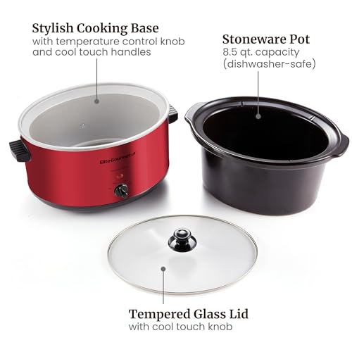 Elite Gourmet MST-900RXT Electric Ceramic XL Jumbo Slow Cooker, Adjustable Temp, Entrees, Sauces, Stews & Dips, Dishwasher Safe Glass Lid & Crock, 8.5Qt, Metallic Red