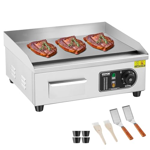VEVOR Commercial Electric Griddle, 1700W Countertop Flat Top Grill, 18in Stainless Steel Griddle Grill with 2 Shovels and 2 Brushes for Home or Restaurant, 122℉-572 ℉ Adjustable Temp