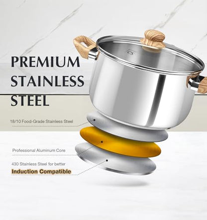 KOCH SYSTEME CS Stainless Steel Pot - 6 Quart Induction Stainless Steel Stock Pot with Lid for Pasta, Soup, Spaghetti, Steel Soup pots with Heat-Resistant Bakelite Double Handle, Dishwasher Safe