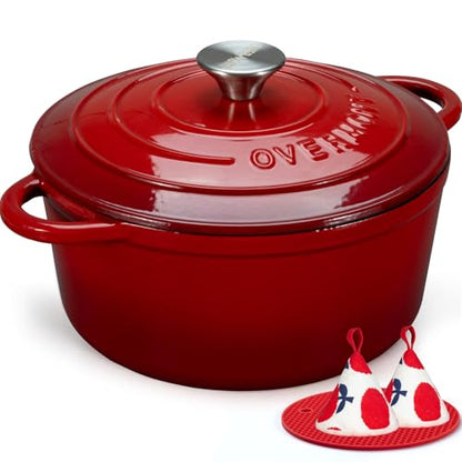 Overmont 5.5QT Enameled Cast Iron Dutch Oven with Lid Cookbook Heavy-Duty Casserole with Dual handles for Braising, Stews, Roasting, Sourdough Baking