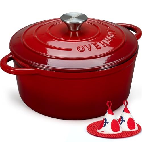 Overmont Enameled Cast Iron Dutch Oven - 4.5QT Pot with Lid Cookbook & Cotton Potholders - Heavy-Duty Cookware for Braising, Stews, Roasting, Sourdough Baking red