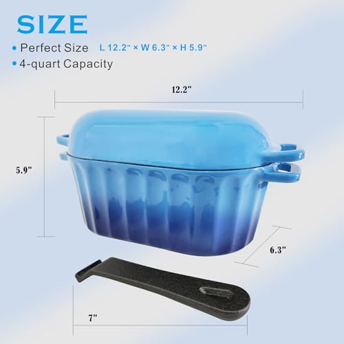 FANQIEW Dutch Oven Enameled Cast Iron Bread Pan with Lid Sourdough Loaf Pans for Baking Bread Large Heavy Oval Bread Dutch Oven with Movable Handle 4 Qt Blue Dishwasher Safe