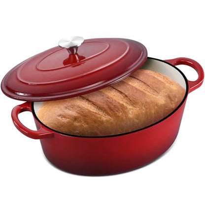 7 Quart Oval Dutch Oven with Lid, Leonyo 7QT Enameled Oval Cast Iron Dutch Oven for Sourdough Bread Breaking, Heavy Duty Cookware for Braising, Stews, Roasting, Red
