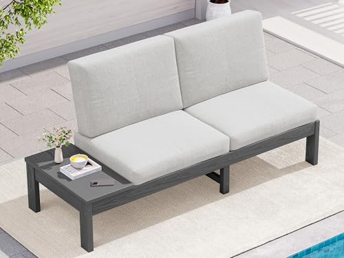 SERWALL HDPE Outdoor Loveseat Sofa, 2 Seats Patio Sofa, All-Weather Patio Conversation Sets with Adjustable Backrest Sofa for Backyard and Garden, Grey Frame with Beige Cushion