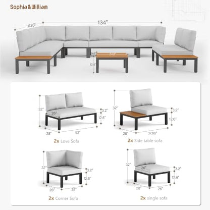 Sophia & William 10-Seat Metal Patio Sofa Sectional Set with Gray Cushions