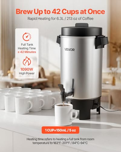 VEVOR Commercial Coffee Urn, 40 Cups, 6.3 qt 1090W Hot Beverage Dispenser