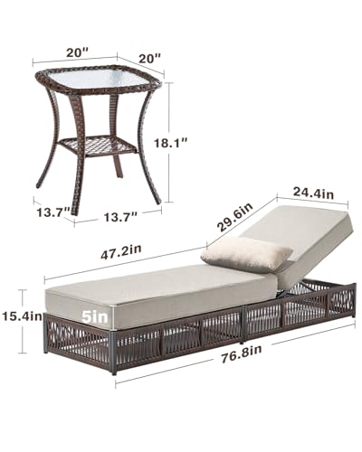 ACTREST Luxury Outdoor Chaise Lounge Chairs of 2 with 5 Inch Thick Cushions and Side Table - 3 PCS High Back Brown Wicker Rattan Patio Recliners Lounger Furniture Set for Poolside Sunbathing - Beige