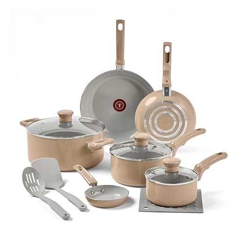 T-Fal Refresh Ceramic Nonstick Cookware Set, 12-Piece, Oven Safe to 350°F, Includes Stockpot, Griddle, Frying Pans, Utensils, Ceramic Pots and Pans Set, Sand Beige