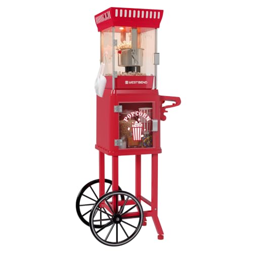 West Bend Popcorn Cart Vintage Theater Style with 2.5 oz Stainless Steel Kettle, Removable Serving Tray, Built-In Storage, Portable Design, 10 Cup Capacity, in Red/Silver