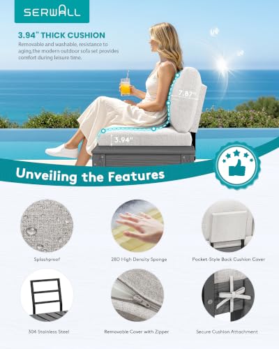 SERWALL HDPE Outdoor Loveseat Sofa, 2 Seats Patio Sofa, All-Weather Patio Conversation Sets with Adjustable Backrest Sofa for Backyard and Garden, Grey Frame with Beige Cushion