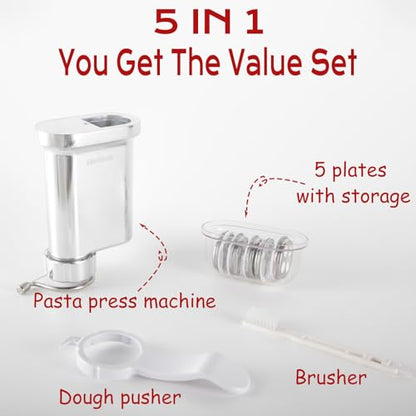 Metal Gourmet Pasta Press Attachment for KitchenAid Stand Mixer – Durable Pasta Maker Attachment with 5 Interchangeable Plates for Spaghetti, Bucatini, Fusilli, Large & Small Macaroni