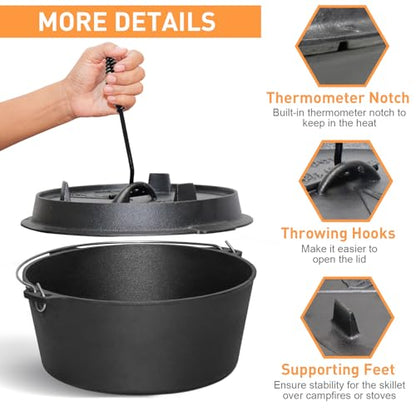 Camping Dutch Oven, 9 Qt Pre-Seasoned Cast Iron Camp Dutch Oven Pot with Lid - Lid Lifter, Cast Iron Dutch Oven with Metal Handle for Cooking BBQ Baking Campfire Modern Black